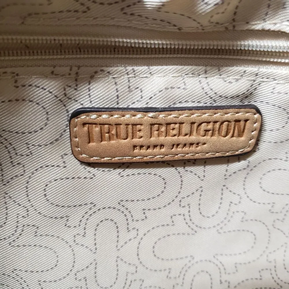 TRUE RELIGION Purse Bag Suede Hobo Crossbody Tan Adjustable Strap Zip Top NEW